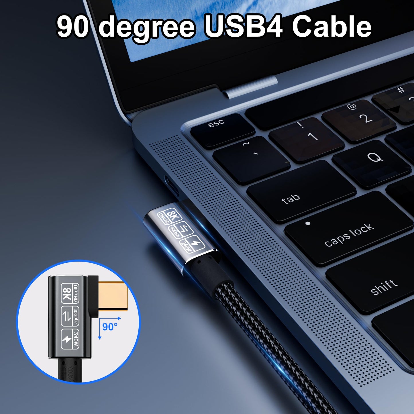 Yiicumhh 2m 240W Type C Cable 40Gbps Data Transfer 8K Video for Thunderbolt 4 & 3, Right Angle, Fast Charge, Compatible with Laptop, Smartphone, Monitor