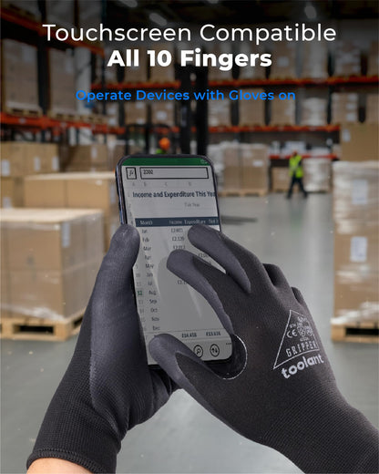 toolant Work Gloves MicroFoam Nitrile Coated, Breathable Nylon Safety Gloves with Stretchy Fit, Firm Grip & Touch-Screen Compatible, Ideal for Gardening, Automotive, Warehouse, Black (L, 6 Pairs)