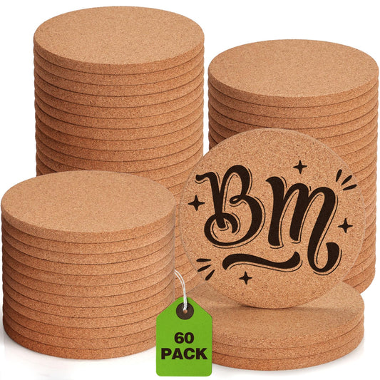 60 Pieces Cork Coasters for Drinks, GOH DODD Absorbent Blank Coasters for DIY Crafts Laser Engraving Sublimation Wood Burning Plants Painting Housewarming Gifts Wedding Education, Round, 4 Inch