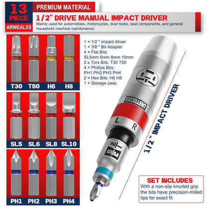 Arwealxs 13 Piece 1/2" Drive Manual Impact Driver, Reversible Hand Impact Screwdriver Set with Slotted, Hex, Phillips Bit Kit, for Tighten and Rusted Fasteners or Frozen Bolts, with Storage Case