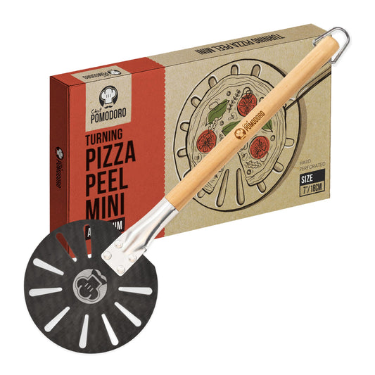 Chef Pomodoro Mini Aluminum Pizza Turning Peel with Wood Handle for Easy Storage, Metal Pizza Peel, Gourmet Luxury Pizza Paddle for Baking Homemade Pizza Bread - Pizza Oven Accessories (7-Inch)