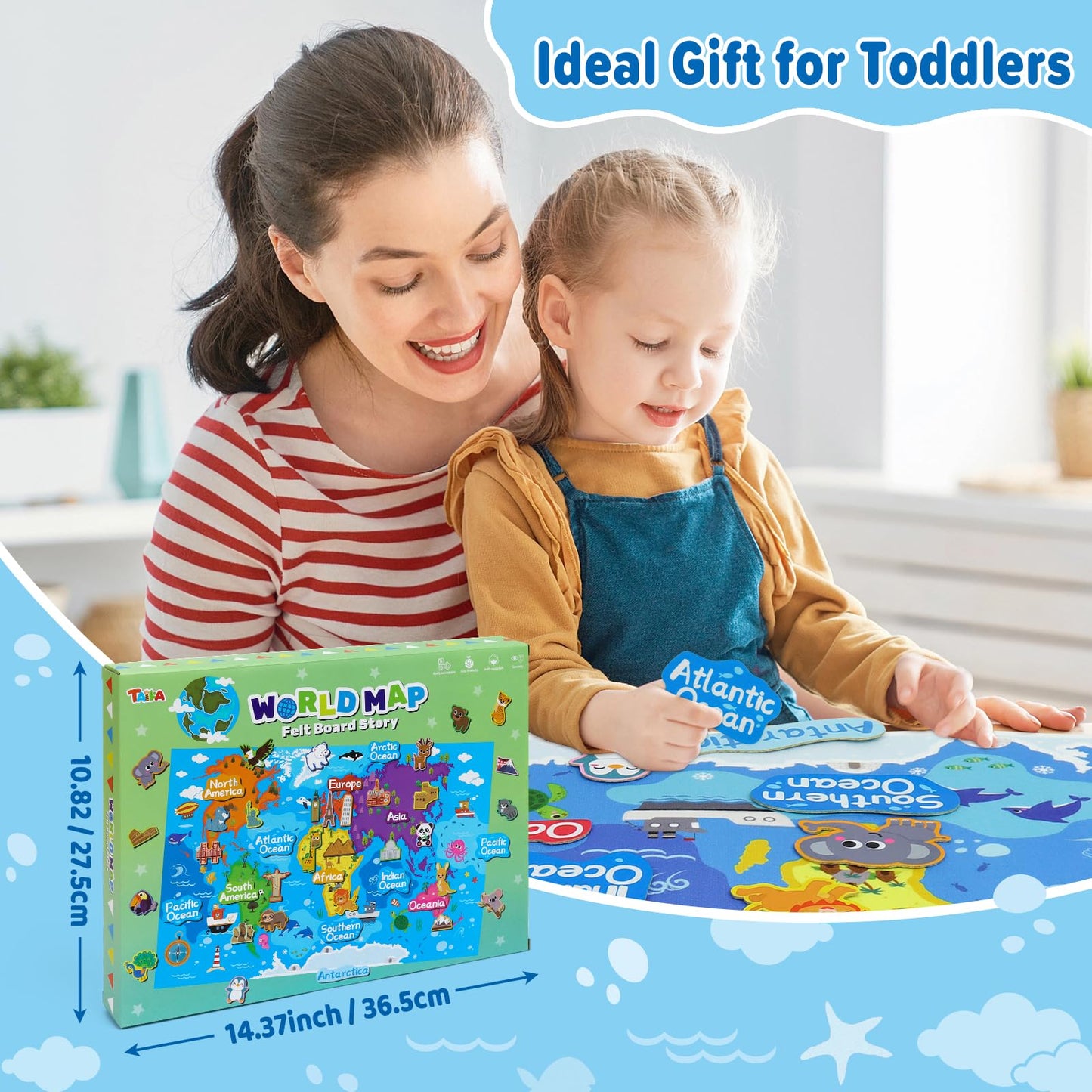 Taika 43x28 inch World Map Felt Board Set, World Map Felt Story, Inertactive Geography Flannel Board, Thicker Flannel Board Set, Preschool Learning Toy for 4+