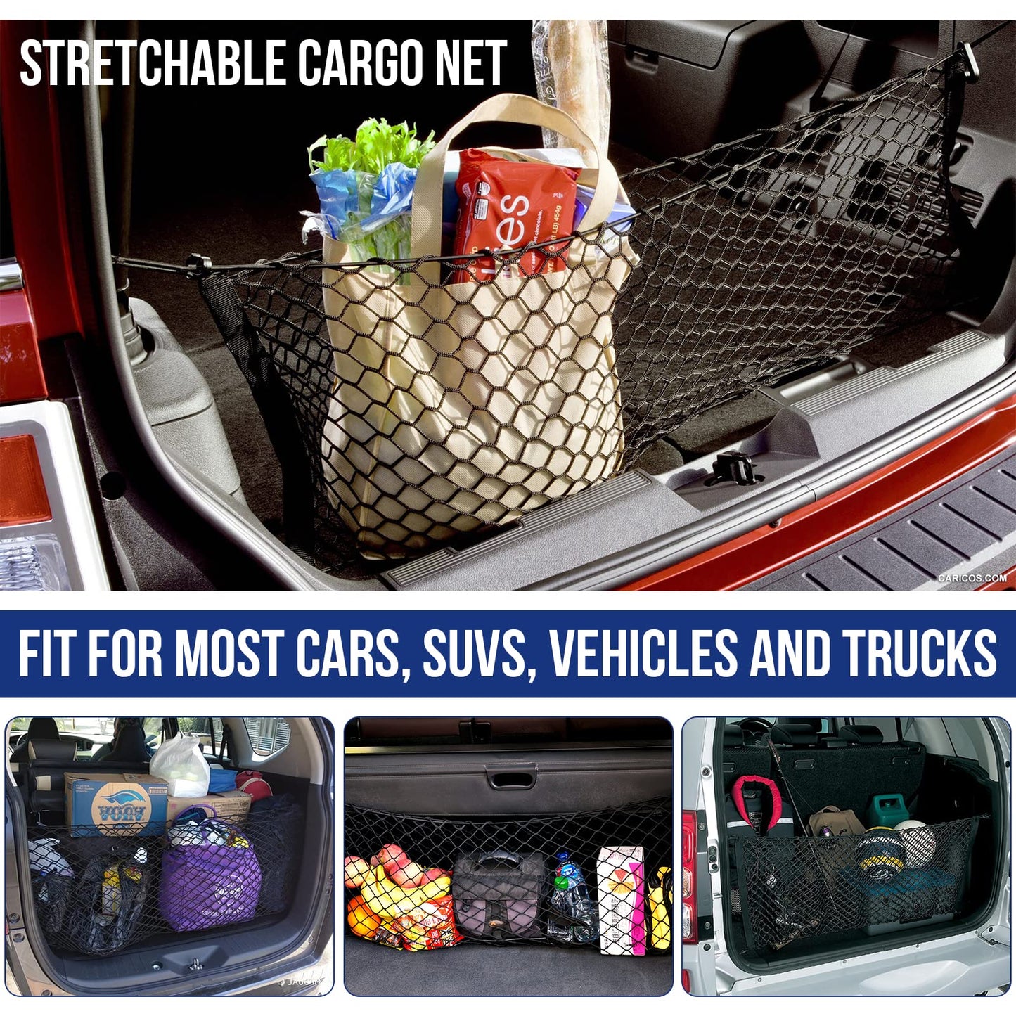 TOBWOLF 2PCS Truck Bed Cargo Net, Trunk Mesh Cargo Organizer Storage Net, Stretchable Mesh Organizer with Hook & Screw, 51.1'' X 14.9'' & 47.2'' X 11.8'' Heavy Duty Cargo Net with 4 Pockets for Trunk