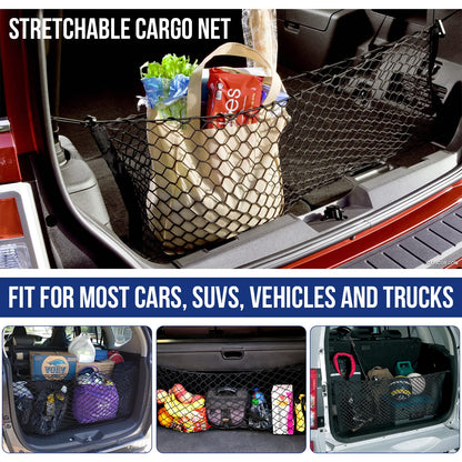 TOBWOLF 2PCS Truck Bed Cargo Net, Trunk Mesh Cargo Organizer Storage Net, Stretchable Mesh Organizer with Hook & Screw, 51.1'' X 14.9'' & 47.2'' X 11.8'' Heavy Duty Cargo Net with 4 Pockets for Trunk