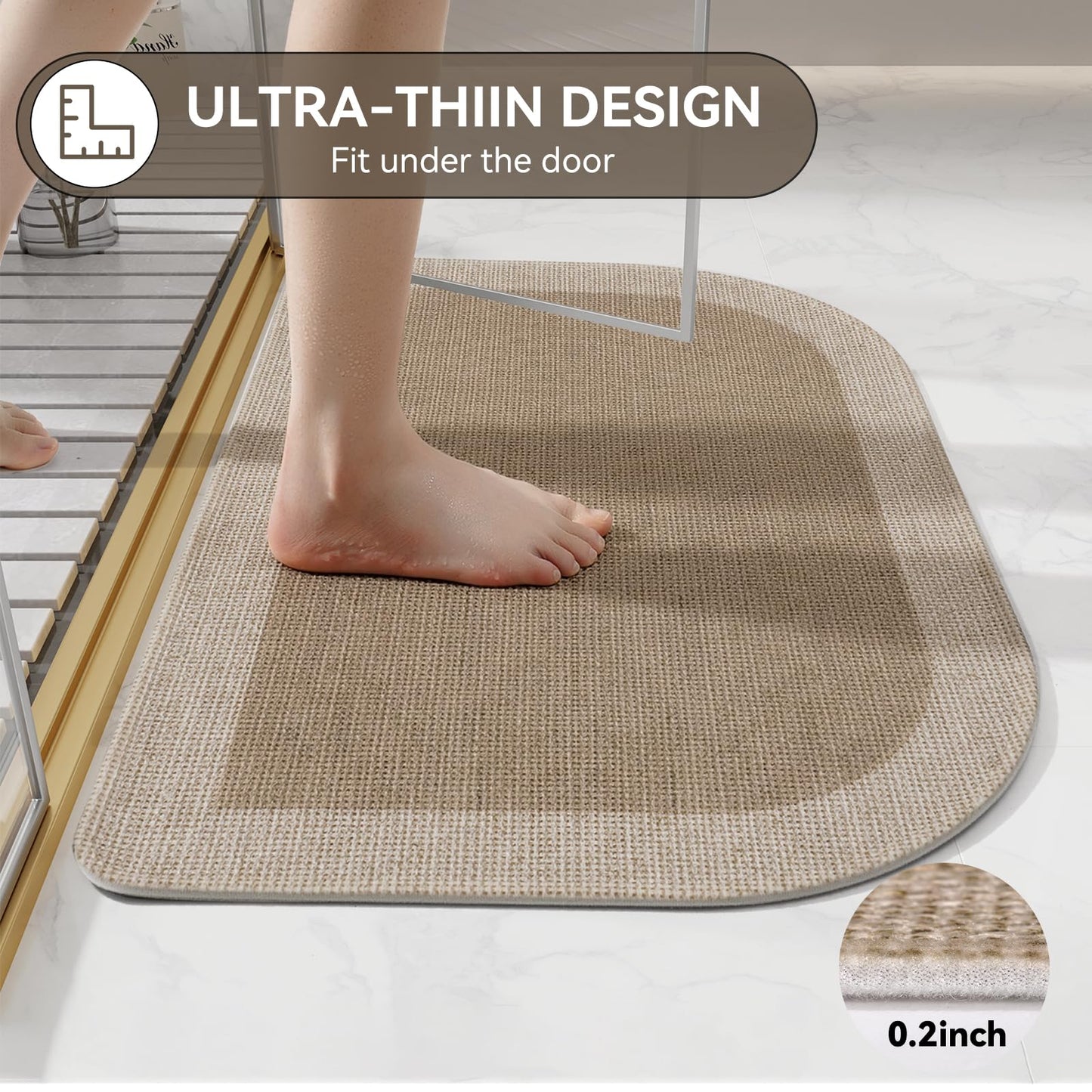 Bathroom Rugs Mat 20x31, Ultra Thin Non Slip Bath Mats for Bathtub Quick Dry Absorbent Rubber Bathroom Mat Fit Under Door, Washable Half Round Bath Rugs, Beige Brown