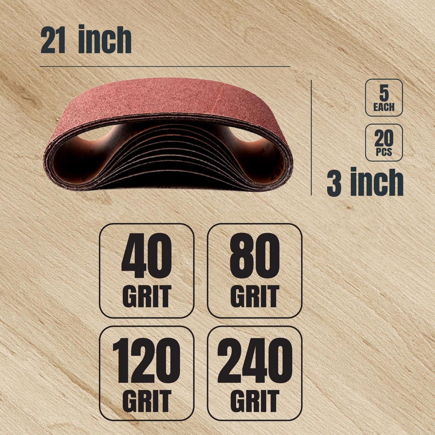 POWERTEC 3 x 21 Inch Sanding Belts, 20PK, 5 Each of 40/80/120/240 Grits Aluminum Oxide Sandpaper, 3x21 Sanding Belt for Portable Belt Sander, Woodworking, Paint Sanding, Metalworking (11043-2)