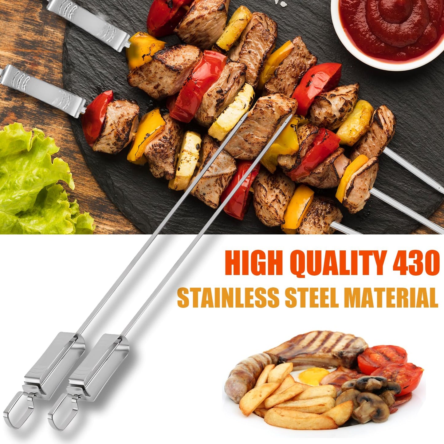 BBQ Skewers, Premium 304 Stainless Steel BBQ Skewers,15 Inch Heavy Duty Metal Kabob Sticks for Grilling, Reusable & Dishwasher Safe (12)