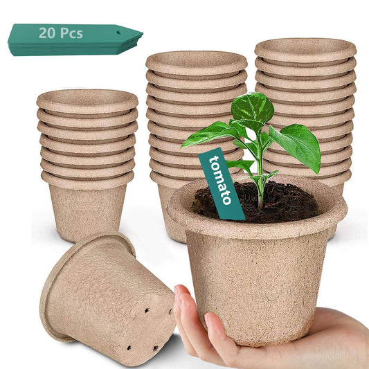 ANGTUO Peat Pots for Garden Seedling Tray 4in 100% Eco-Friendly Organic Germination Seedling Trays Biodegradable 30 Pack and 20 Plastic Plant Markers Included