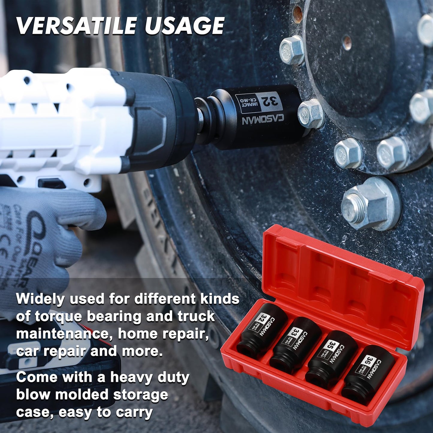 CASOMAN 1/2" Drive Deep Spindle Axle Nut Impact Socket Set, 6 Point, CR-MO,32,33,35,36mm, 4PC 1/2-Inch Impact Socket Set, Heavy Duty Use in Removing and Installing Axle Nuts