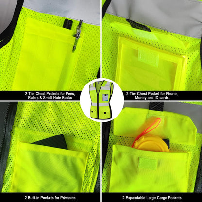 TCCFCCT Women High Visibility Vest 11 Pockets Snug-Fit Reflective Safety Vest with Reinforced Zipper, Neon Construction Work Vest for Lady Surveyors/Workers, Durable,Meets ANSI, CA-N-Yellow L