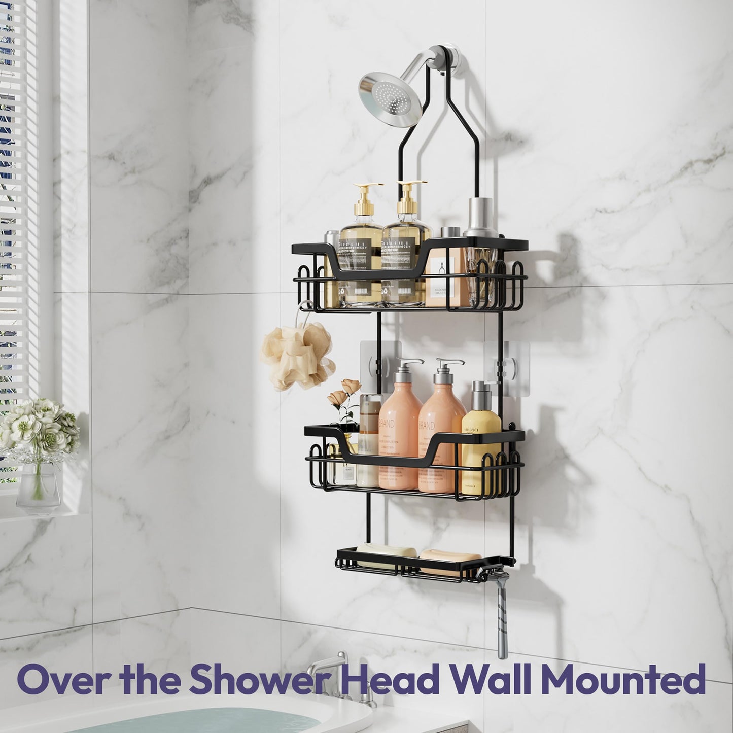 SWTYMIKI Shower Caddy Hanging, Shower Caddy Over Shower Head with 2 Soap Holders & hooks, 3 Tier Antirust & Anti-Swing Bathroom Shelves Organizer No Drilling, Black