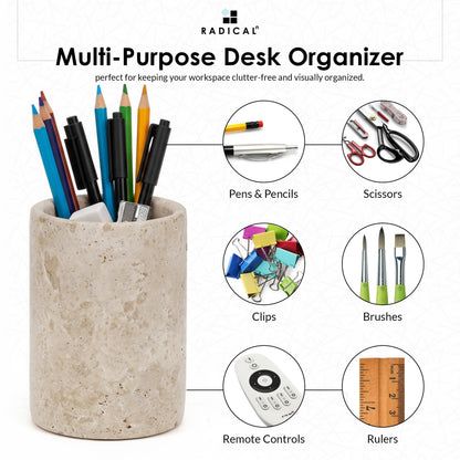 Radicaln Marble Pen Holder 4" Travertine Handmade Desk Organizer, Pencil & Pen Stand for Office, Home, Makeup Accessories, Premium Marble Stationery Holder