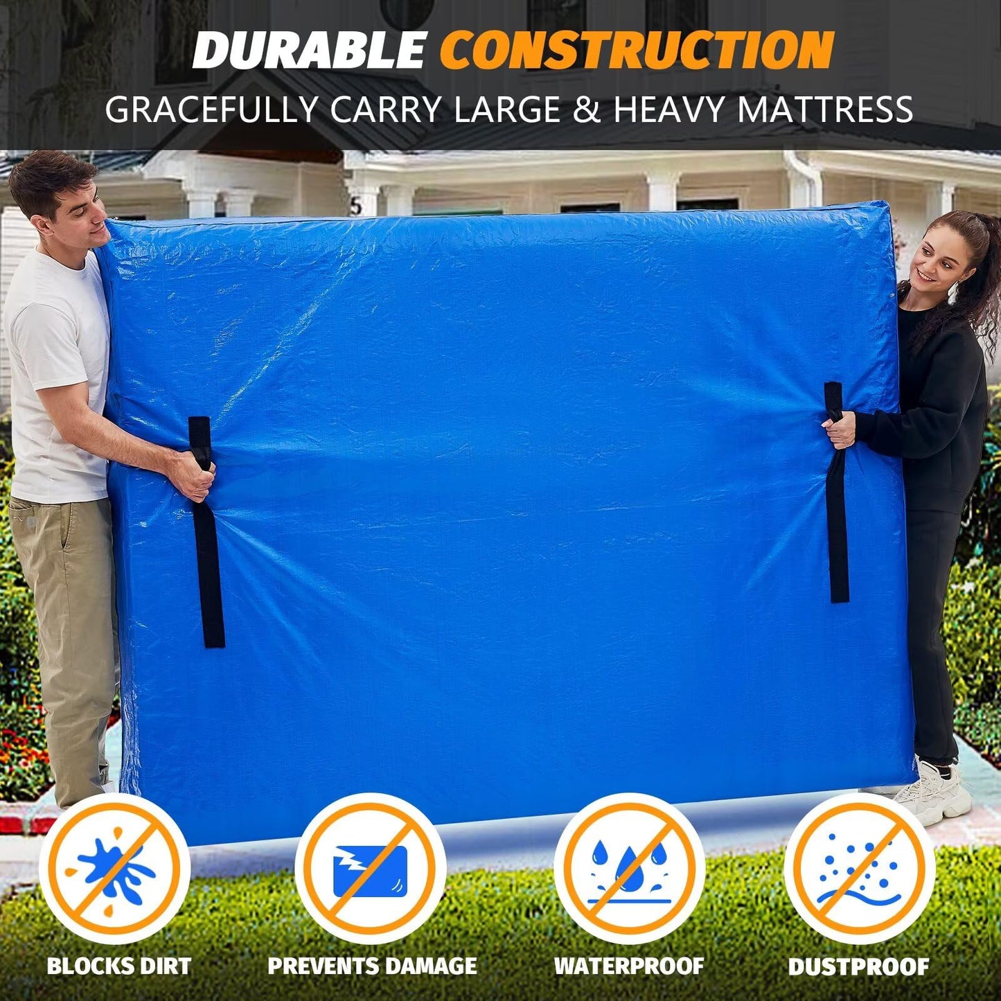 Mattress Bag for Moving, BETU Waterproof Mattress Protector Mattress Cover (Queen) Storage Bags with 8 Heavy-Duty Handles and Zipper for Bed Extra Thick Large Reusable (82"x62"x15" Blue)