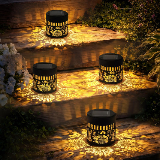 Solar Lanterns Outdoor Decor, 4 Pack Sunflower Garden Decorative Lights, Waterproof Metal Lanterns for Patio, Yard & Garden, Gifts for Mother's Day and Garden Lovers