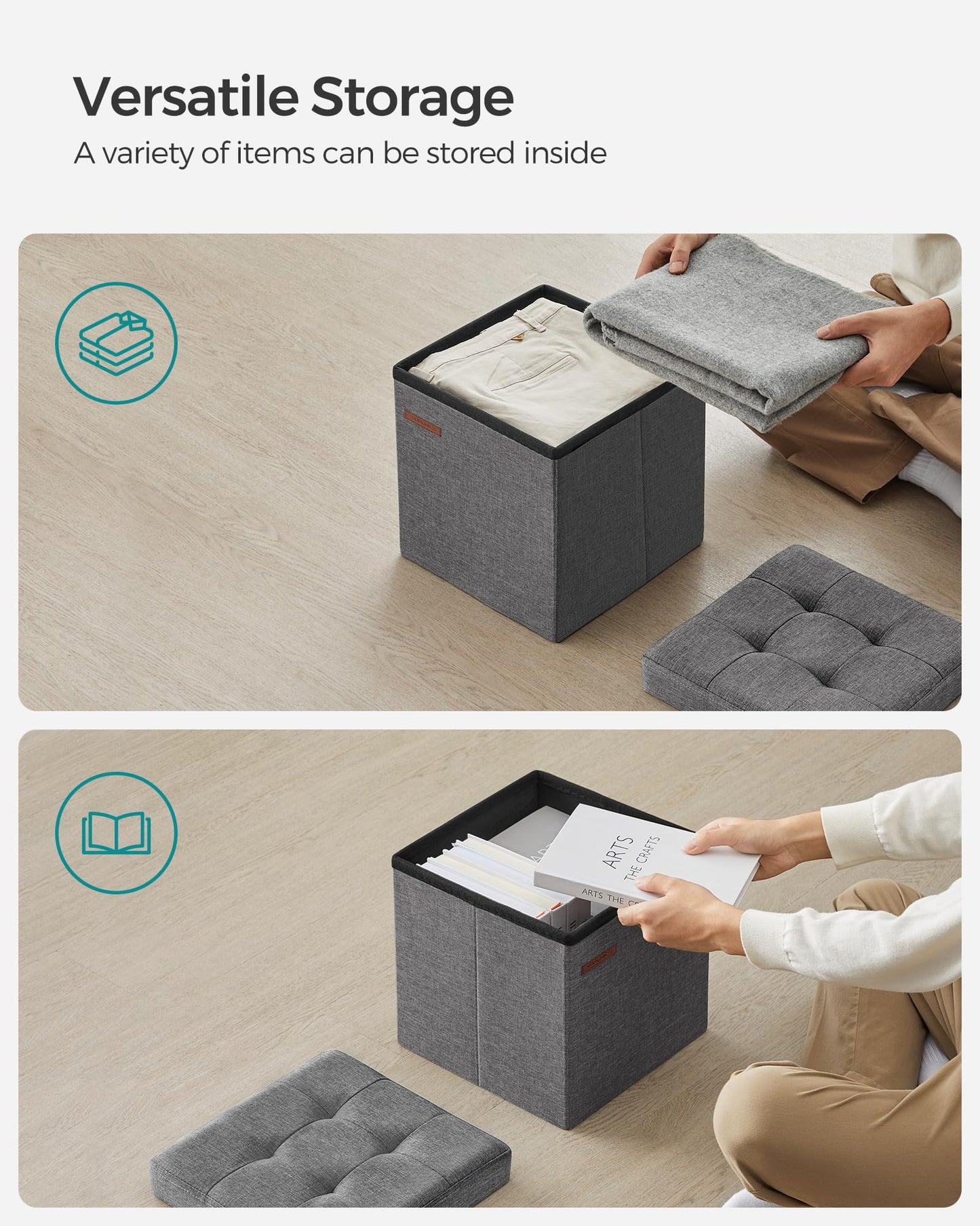 SONGMICS Folding Storage Ottoman Bench，30 x 30 x 30 cm，Ottoman Foot Rest, Storage Chest, Load 130 kg, for Living Room, Entryway, Dorm, Dark Gray ULSF028G01