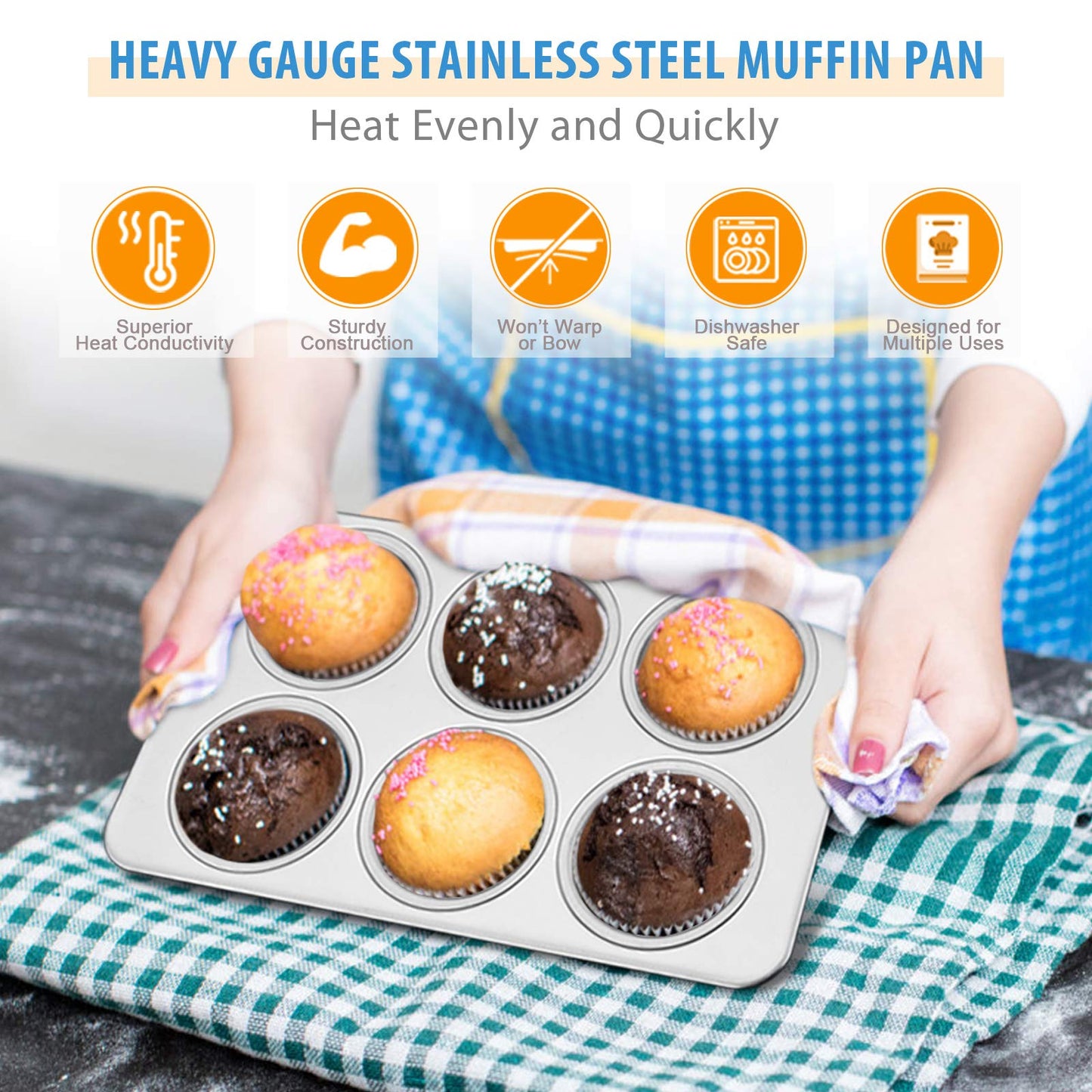 Set of 2 Stainless Steel E-far Baking Muffin Pans, Metal Cupcake Tray, Non-Toxic and Healthy, Suitable for Oven and Dishwasher, Standard Size - 29 x 18 x 3.2cm