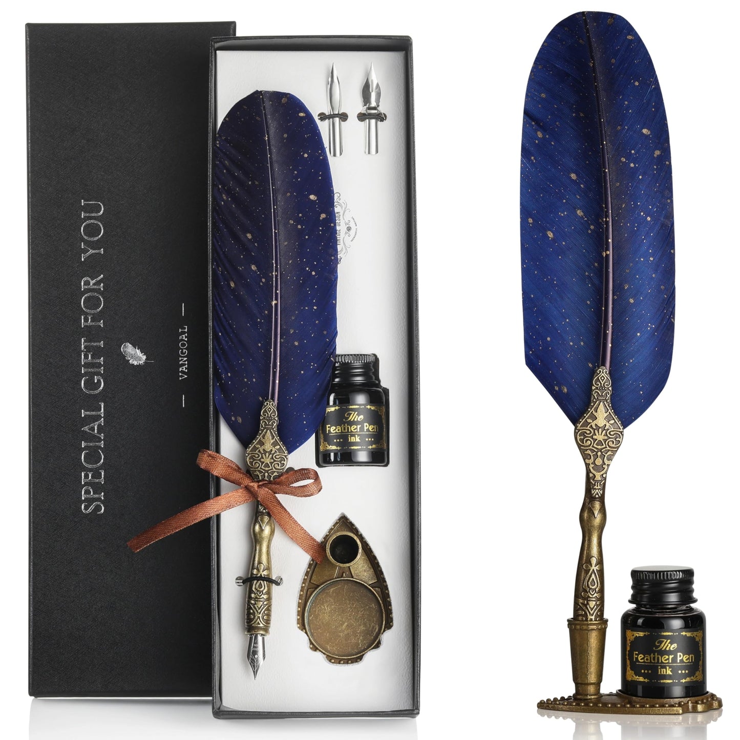 VANGOAL Vintage Carving Feather Pen Set, Glittering Quill Set Antique Calligraphy Writing Dip with Ink, 2 Replacement Nibs, Stand Base, Luxury Signature (Blue)