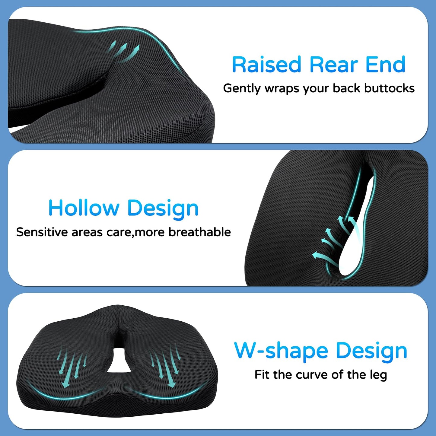 Seat Cushion for Long Sitting - Memory Foam Chair Pad Cushion for Tailbone, and Low Back Pain Relief - Non-Slip Seat Cushions for Office Chairs Wheelchair Car Seats,Black