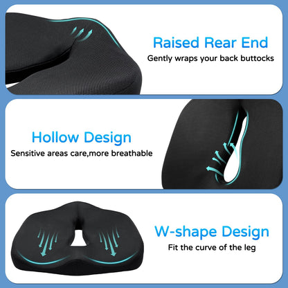 Seat Cushion for Long Sitting - Memory Foam Chair Pad Cushion for Tailbone, and Low Back Pain Relief - Non-Slip Seat Cushions for Office Chairs Wheelchair Car Seats,Black