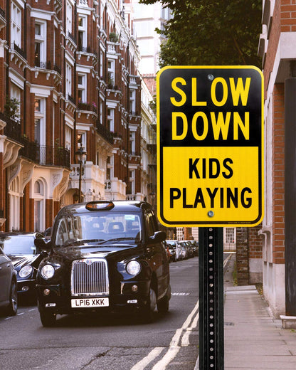 (2 Pack) Slow Down Sign, Slow Down Kids Playing Sign, 18 x 12 Engineer Grade Reflective Sheeting Rust Free Aluminum, Weather Resistant, Waterproof, Durable Ink
