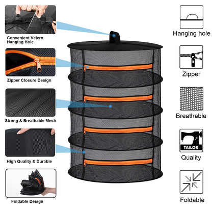 Desy & Feeci Herb Drying Rack, Plant Hanging Dry Net with Orange Zipper (4 Layer-D60xH80cm)