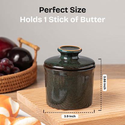 Teapeak Pottery Butter Keeper Crock - Ceramic Butter Dish with Water Line for Countertop, Keep Butter Fresh (Greenish Brwon)