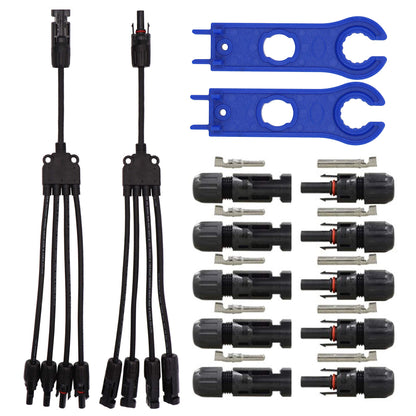 Ruikarhop MC4 Connectors Y Branch 1 to 4 Adapter Cable Wire Plug,MC4 Assembly Tool and 5 Pairs Male/Female Solar Panel Connectors