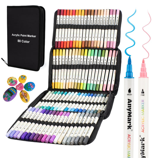 AnyMark 80 Colors Acrylic Paint Markers Nail Art Pens Set, Dual Tip Quick-Drying Nail Polish Pens, Acrylic Paint Pens Art Markers for DIY Nail Art Design Drawing Painting Coloring