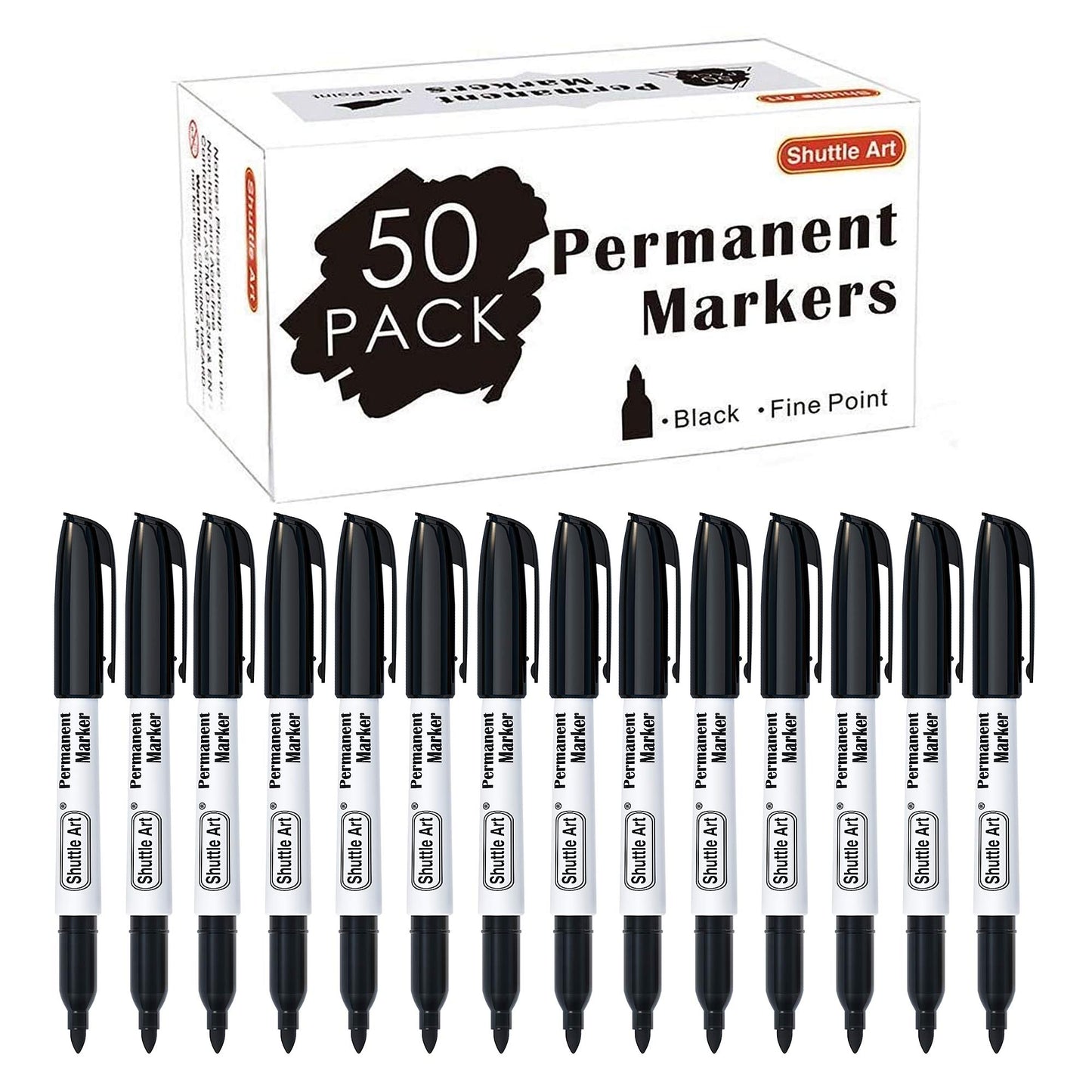 Shuttle Art Permanent Markers, 50 Pack Black Permanent Marker set,Fine Point, Works on Plastic,Wood,Stone,Metal and Glass for Doodling, Marking