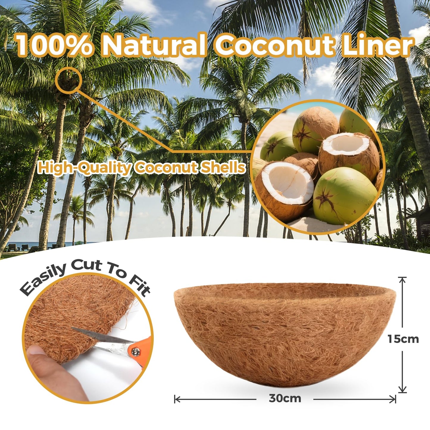Bamworld 6pcs 30cm Coco Liners, Round Hanging Basket Liners Coconut Fiber Coir, Plant Holder Decor for Indoor Outdoor Flower Pots, Watering Baskets