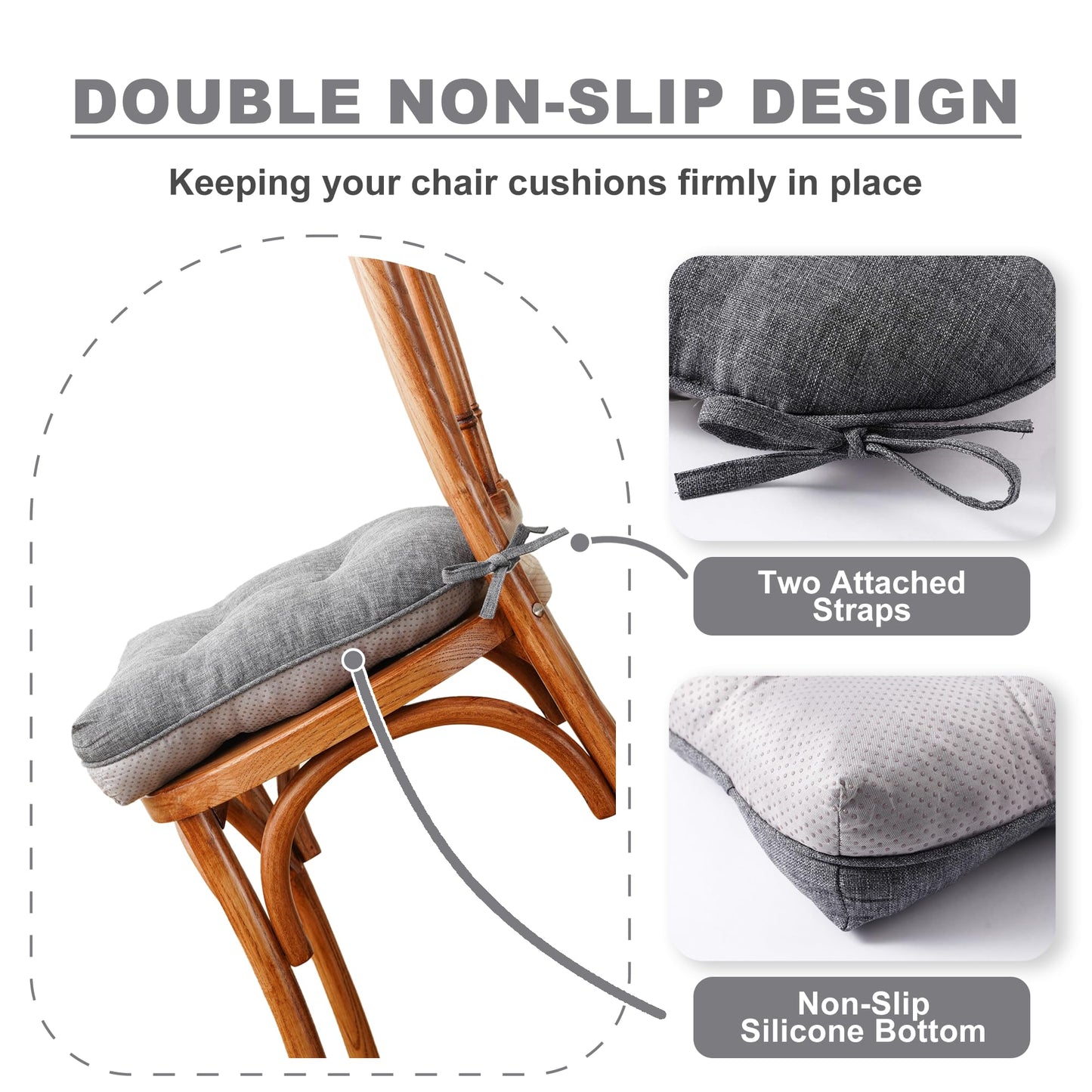 Battilo Chair Cushions Set of 2 for Reading Seats, Seat Cushions for Kitchen Dining Chairs with Non-Slip Backing, Indoor/Outdoor Waterproof Chair Seat Pads with Ties, 40cm x 40cm x 10cm, Dark Grey