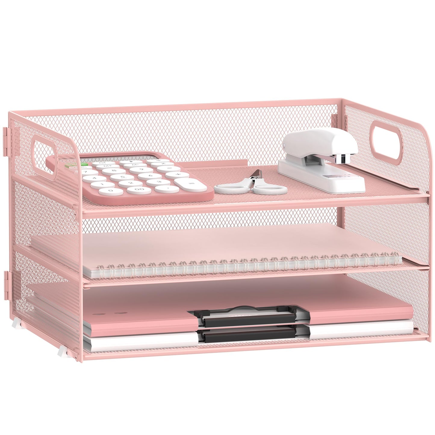 Supeasy 3 Tier Paper Organizer with Handle, Mesh Desk Organizer Letter Tray, Paper Tray File Organizer for A4 File Folder, Pink