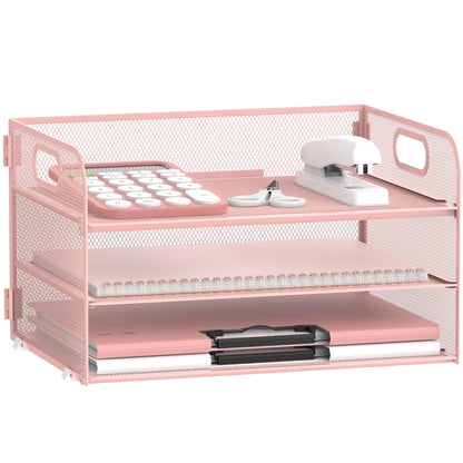 Supeasy 3 Tier Paper Organizer with Handle, Mesh Desk Organizer Letter Tray, Paper Tray File Organizer for A4 File Folder, Pink