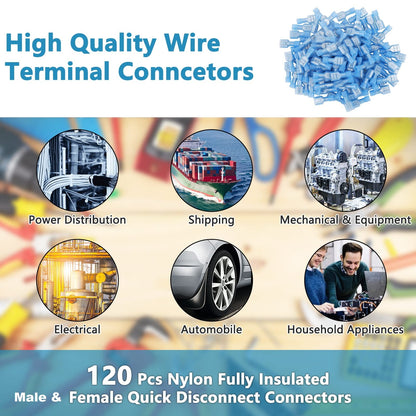 220 Pcs Nylon Spade Quick Disconnect Connectors Kit, 22-18/16-14/12-10 A.W.G, Nylon Fully Insulated Quick Disconnects, Wire Terminal Connectors (Red/Blue/Yellow)