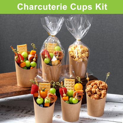 60 Pack Charcuterie Cups with Skewers & Bags, 14 oz Kraft Paper Snack Boxes with Cocktail Picks, Individual French Fry Holder, Appetizer Boards Accessories [60 Cups + 200 Sticks + 60 Bags] Brown