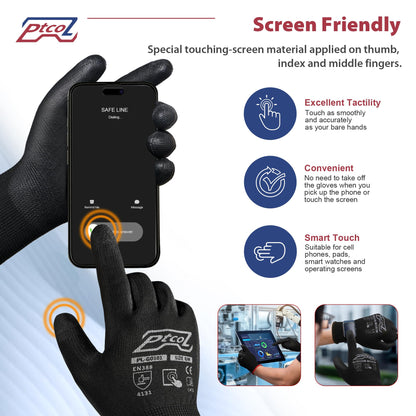 PTCOL PU Coated Work Gloves -12 Pairs Bulk Pack, Excellent Grip, Seamless Knit Nylon Safety Gloves with Polyurethane Coated for Touchscreen, Lightweight, Ideal for Light Duty Work (Large)