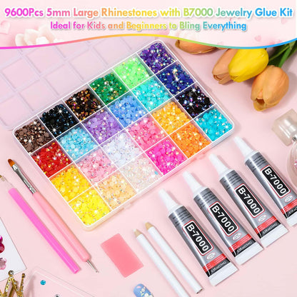 B7000 Glue with Large Rhinestones for Crafting, 5MM Rainbow Rhinestones Flat Back Gems Crystal with Jewelry Glue Adhesive for DIY Graduation Cap Bedazzling Crafts Clothes Tumblers Shoes