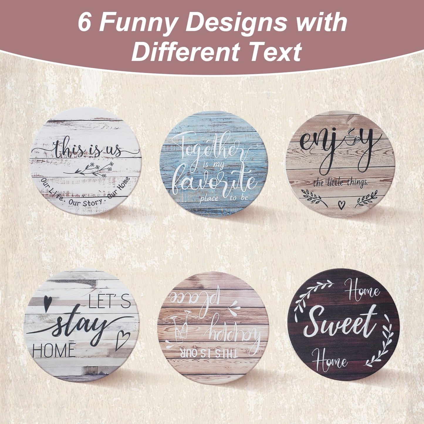 Witwatia Coasters for Drinks 6 Set with Holder, Housewarming Gifts New Home Wood Rustic Farmhouse Coaster with 6 Spoons, Funny Coasters for Coffee Table, Absorbent Drink Coaster for Room Bar Decor