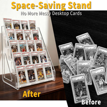 3-Tier Trading Card Display Stand – Transparent Vertical PET Rack for Standard Graded Card Slabs, Toploaders, Magnetic Holders, Sports Collections
