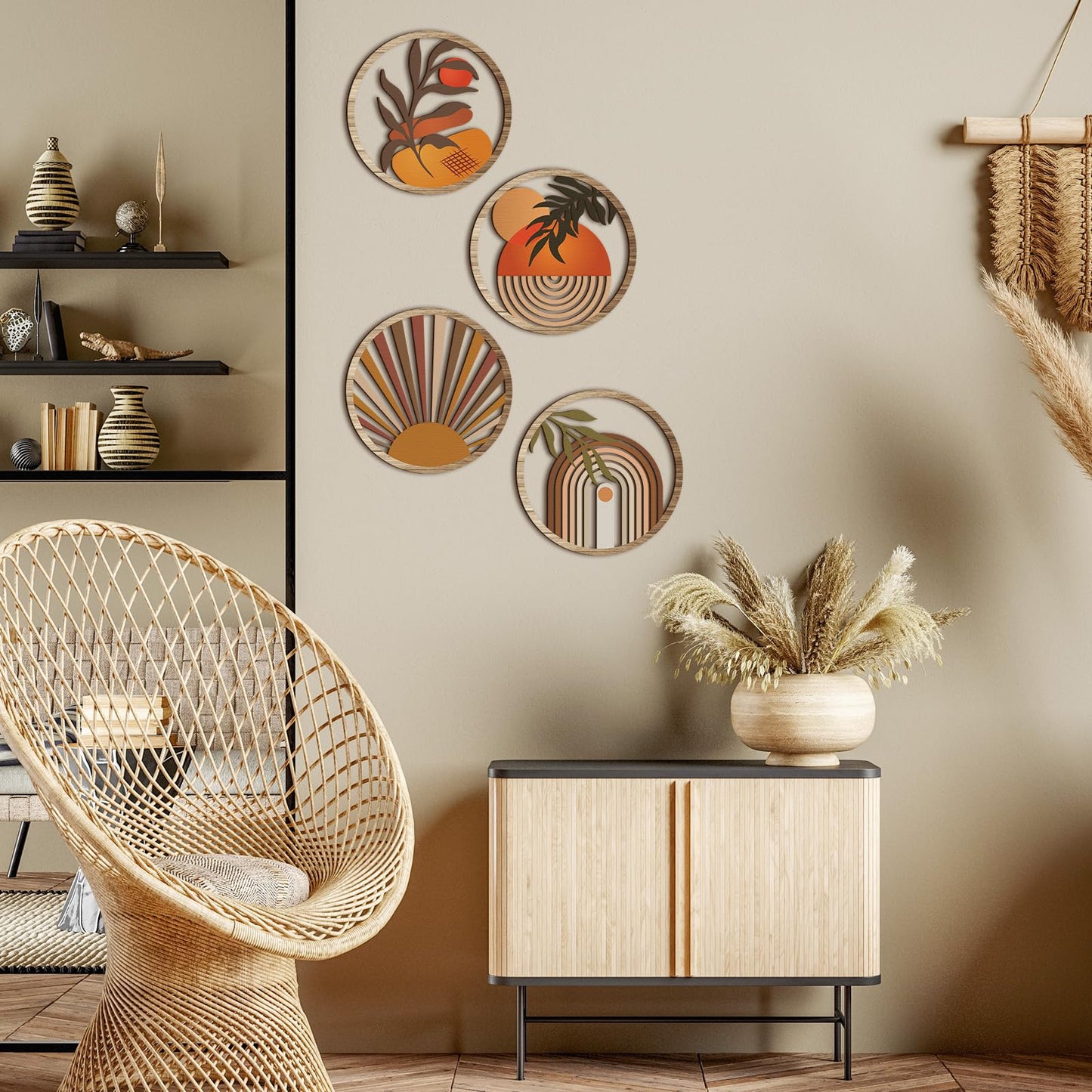 Qunclay 4 Pcs Boho Wall Art Bohemian Wooden Round Circle Wall Decor Hollow out Hanging Farmhouse Aesthetic for Bedroom Living Room Bathroom Bedroom Bathroom Patio Apartment Gift 10 Inch(Stylish)