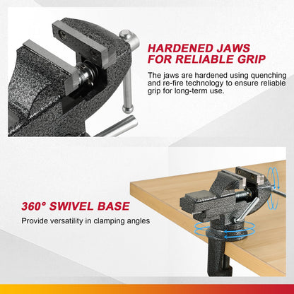 DASBET Table Vise Universal 3 Inch Work Bench Vice Clamp- 360°Swivel Base Bench Clamp Home Vise Clamp for Woodworking, Metalworking,Handcraft Creations, Cutting Conduit, Drilling