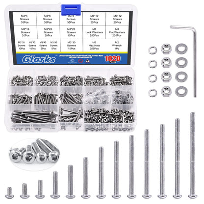 Glarks 1021Pcs M3 Button Head Screws 304 Stainless Steel Hex Socket Cap Screws Bolts and Nuts Washers Assortment Kit with Hex Wrench for Machinery Furniture Car Repair