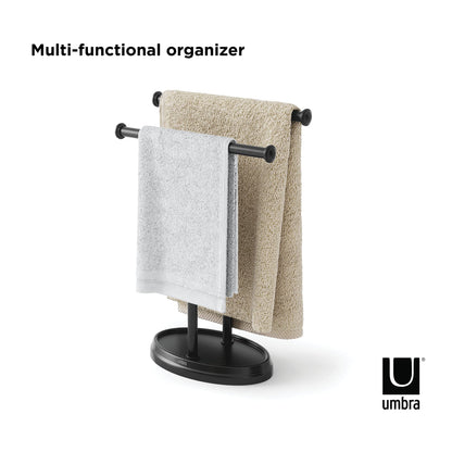 Umbra Palm Double Hand Towel Tree, Brushed Nickel 2 Towels Holder and Accessories Stand for Bathroom Vanities - Slim, Modern, Durable Bars with Base Serves as a Jewelry Tray for Rings