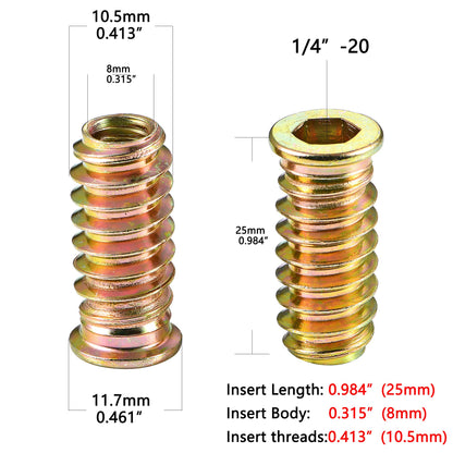 PGMJ 200 Pieces 1/4"-20 Wood Inserts Bolt Furniture Screw in Nut Threaded Fastener Connector Hex Socket Drive for Wood Furniture Assortment (200 Pcs 1/4"-20 x25mm)