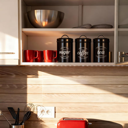 3 Piece Black Food Jars Canisters Sets, Airtight Coffee Container, Tea Organizer, And Sugar Canister, Rustic Farmhouse Decor for Kitchen Countertop