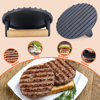 Smash Burger Press, Heavy-Duty Cast Iron Hamburger Grill Press with Heat Resistant Wooden Handle Hamburger Patty Maker Bacon Sandwich Round Meat Press, 7inch