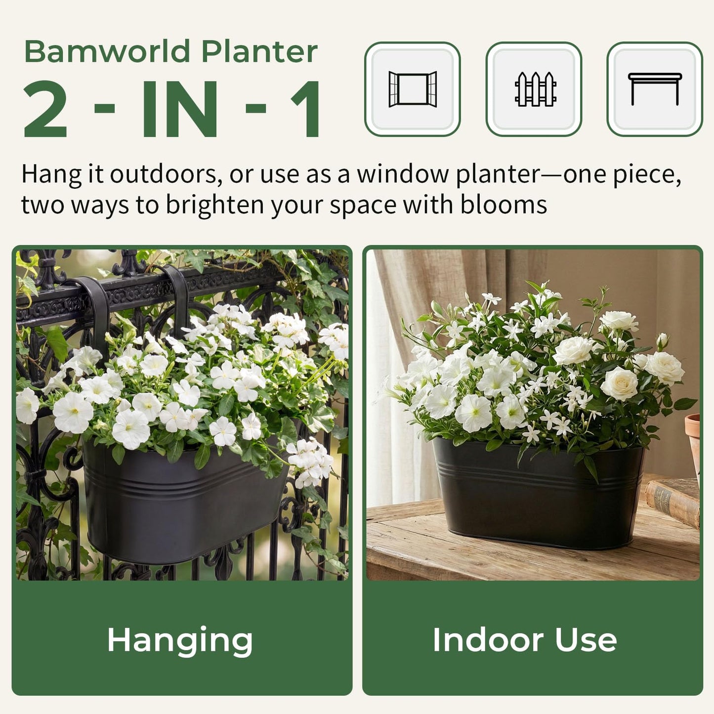 Bamworld Hanging Planter Basket Plant Pot 12inch Window Hanger Indoor Balcony Decor Metal Iron Large Fence Railing Garden Bucket with Detachable Hooks for Outdoor 4 Pack Black