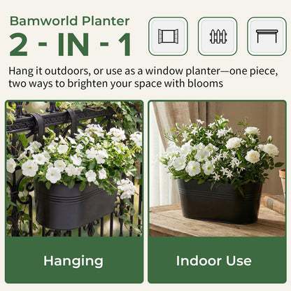 Bamworld Hanging Planter Basket Plant Pot 12inch Window Hanger Indoor Balcony Decor Metal Iron Large Fence Railing Garden Bucket with Detachable Hooks for Outdoor 4 Pack Black