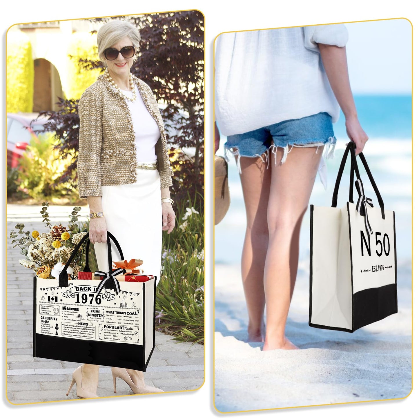 50th Birthday Gifts for Girls Canvas Tote Bag, Unique 50 Years Old Gifts for Mom Wife Aunt Friends Sister Her, EST.1976 Birthday Handbag & Cosmetic Bag & Back in 1976 Poster