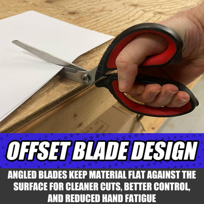 Rapid Edge Offset Scissors – 9.5" Stainless Steel Industrial Utility Scissors with Serrated Edge, Soft Grip Handles & Built-in Scoring Tip for Cardboard, Plastic & Crafts